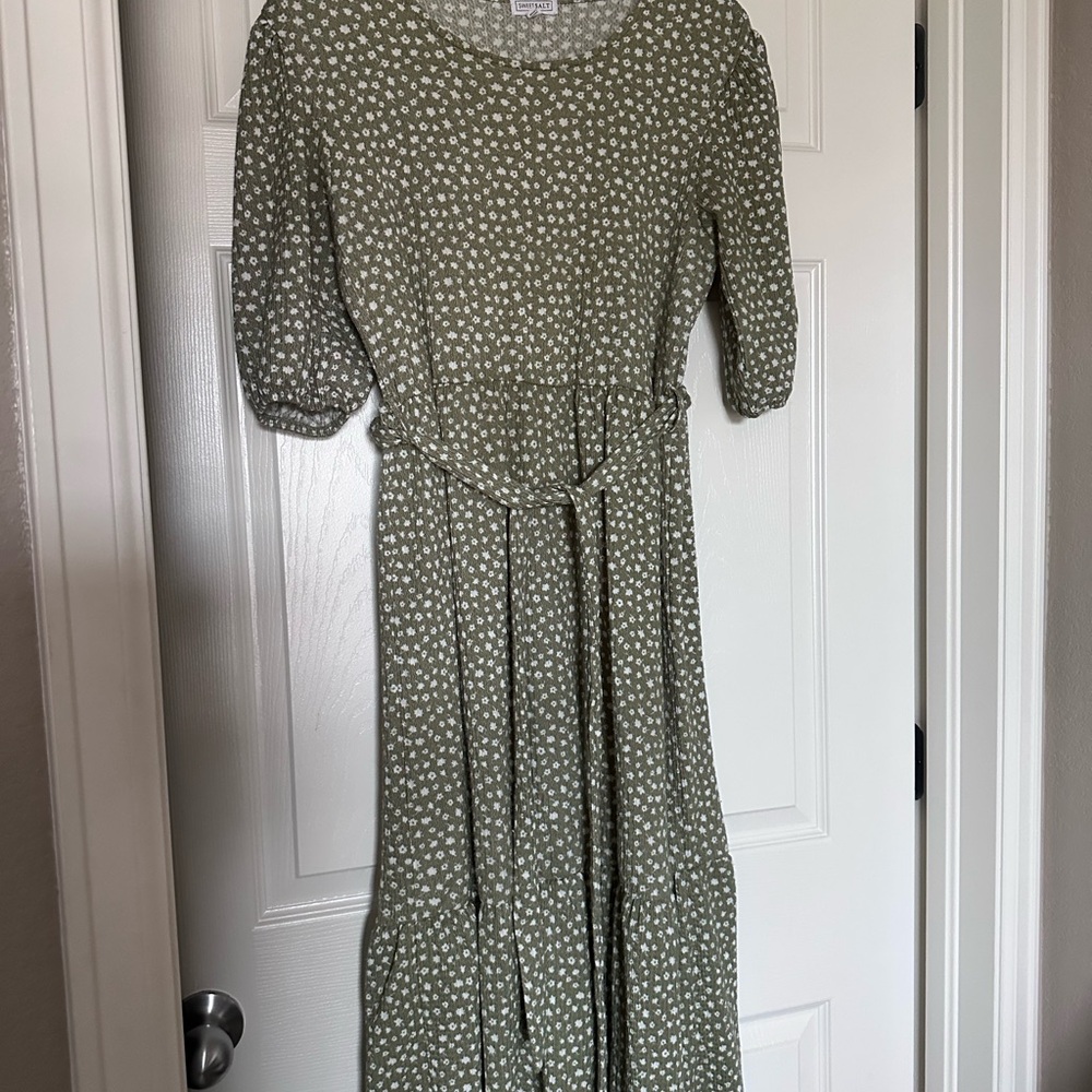 Olive Green Floral Midi Dress with Tie Waist